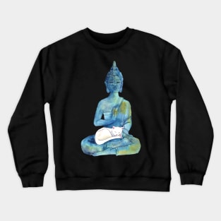 Watercolor Meditating Zen Buddha Statue with Sleepy Cat Crewneck Sweatshirt